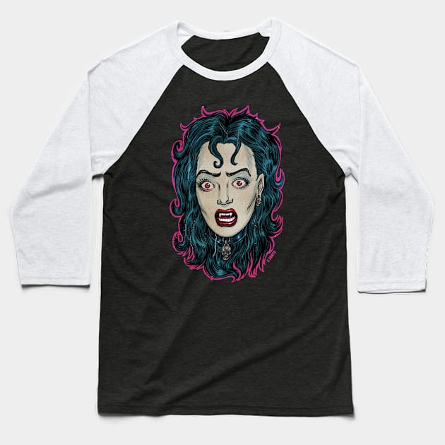 Vampiress Frankenhorrors Vintage monster movie graphic Baseball T-Shirt by AtomicMadhouse